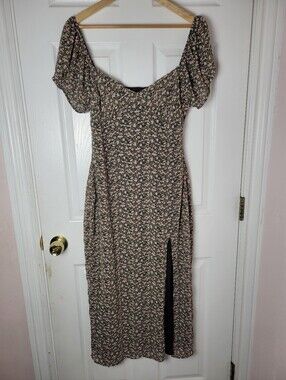 NWT Missguided Cottagecore Floral Midi Dress Puff Sleeve Side Slit Pink Green 8